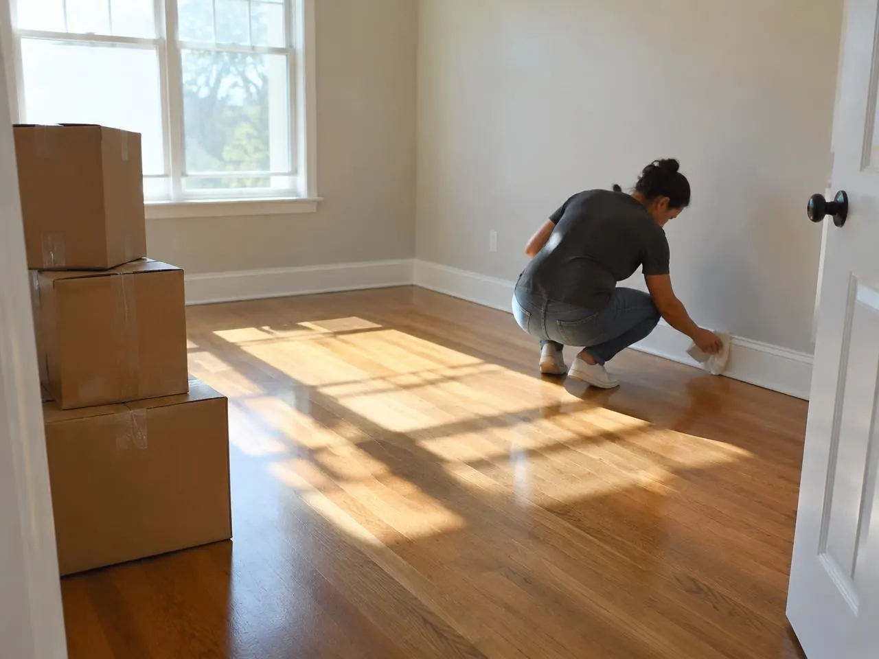 Nettoyage des plinthes d’une chambre vide après déménagement, cartons près de la porte