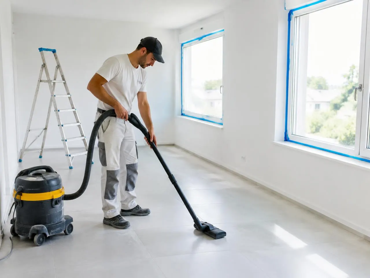 Aspiration des poussières de chantier sur un carrelage neuf après travaux de peinture
