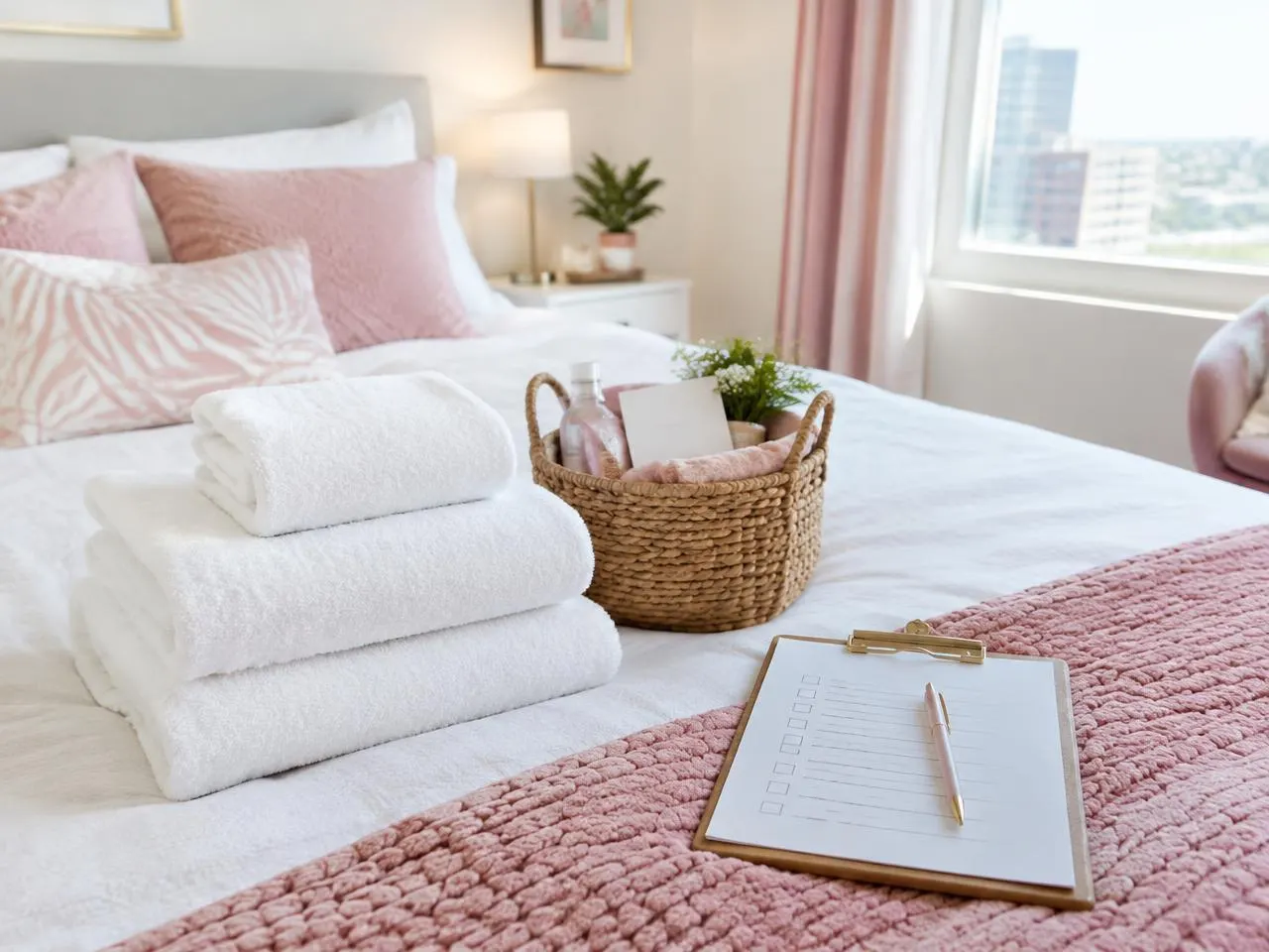 Serviettes pliées, panier d’accueil et checklist posés sur un lit de location