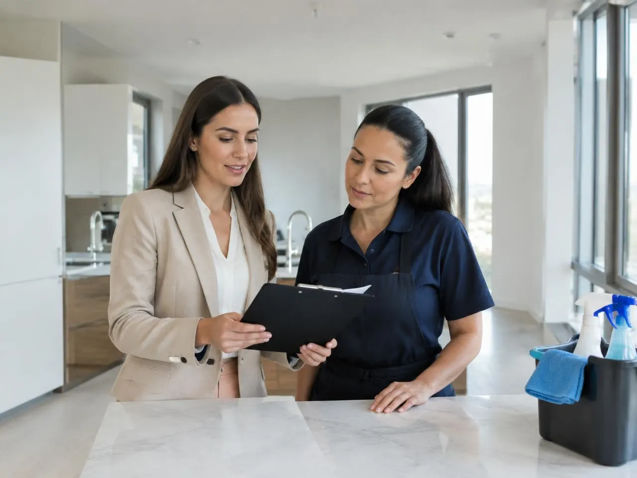 Agente immobilière et responsable de nettoyage relisant un document dans un logement vide
