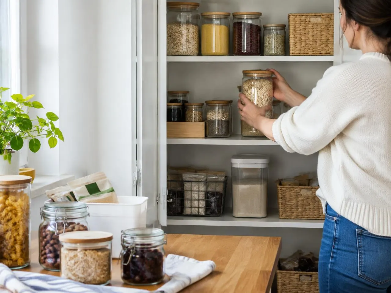 Réorganisation des bocaux d’un placard de cuisine, une zone après l’autre