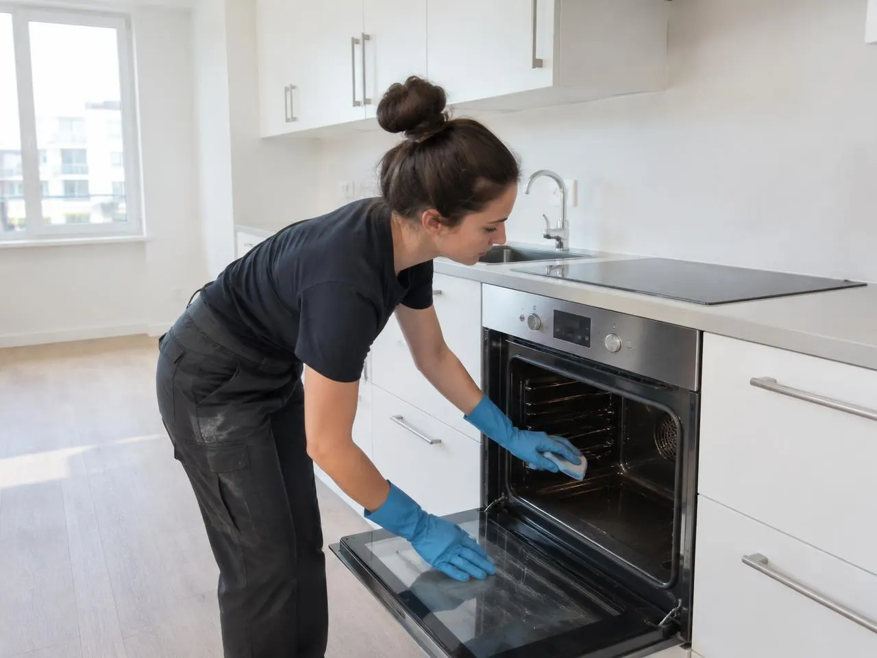 Nettoyage de l’intérieur du four d’une cuisine vide avant l’état des lieux