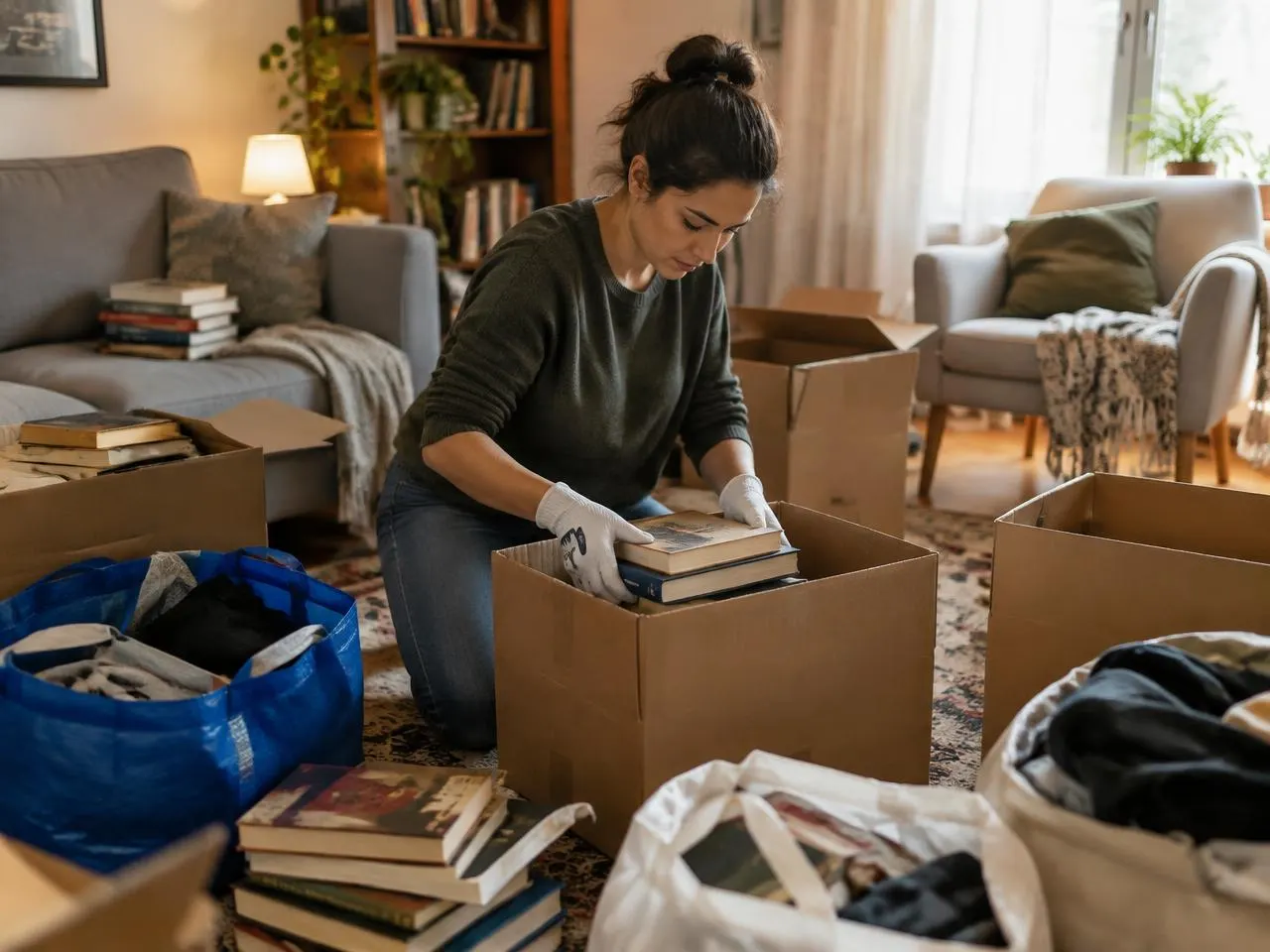 Personne gantée rangeant des livres dans des cartons de tri au milieu d’un séjour