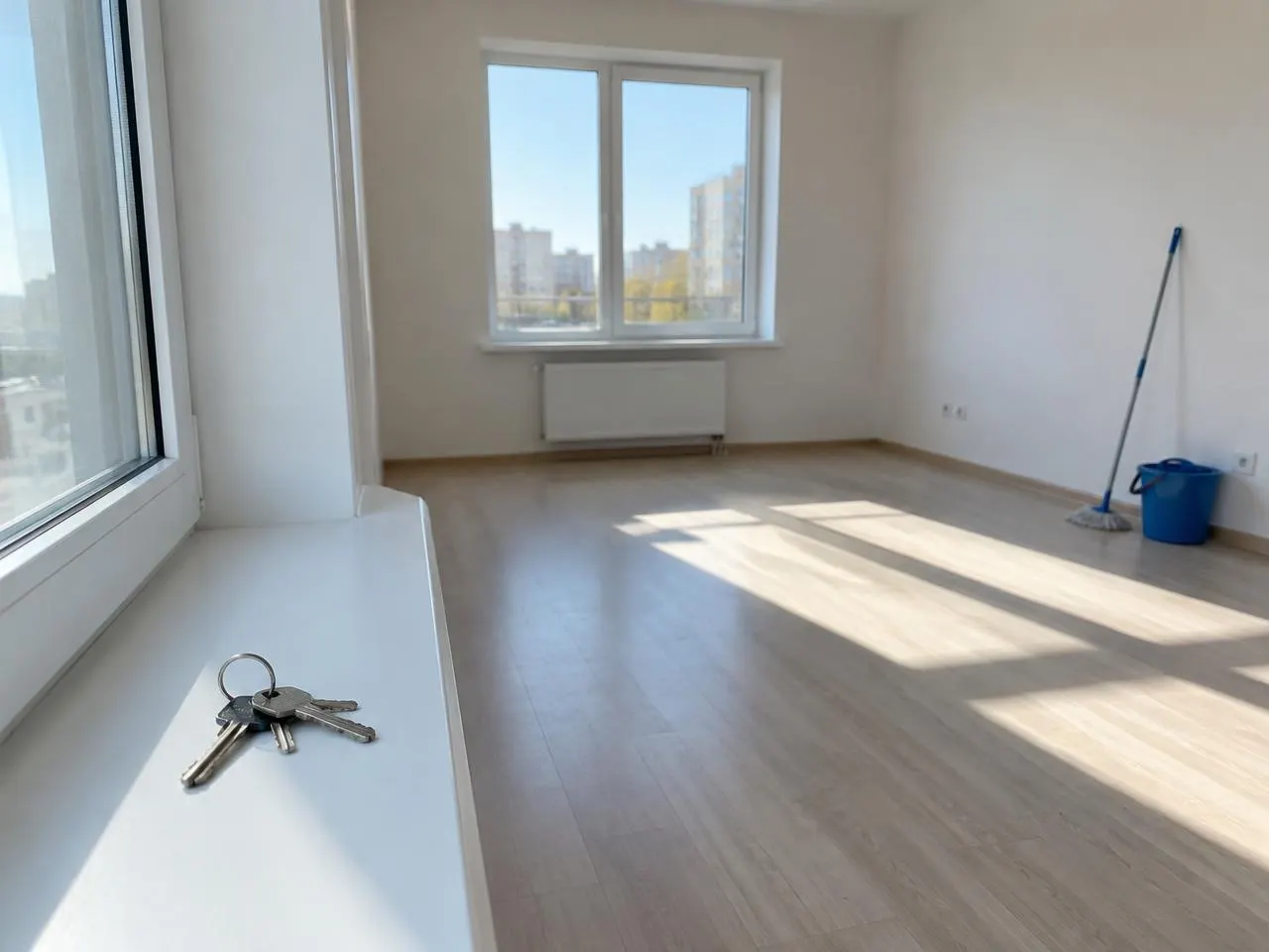 Logement vide et lumineux, clés posées sur le rebord de fenêtre et seau de ménage