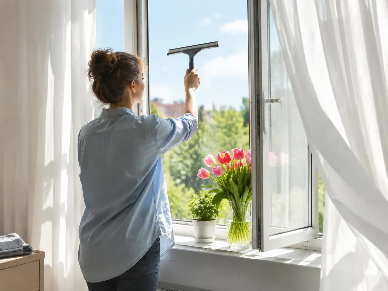 Nettoyage d’une vitre à la raclette devant une fenêtre ouverte et des tulipes