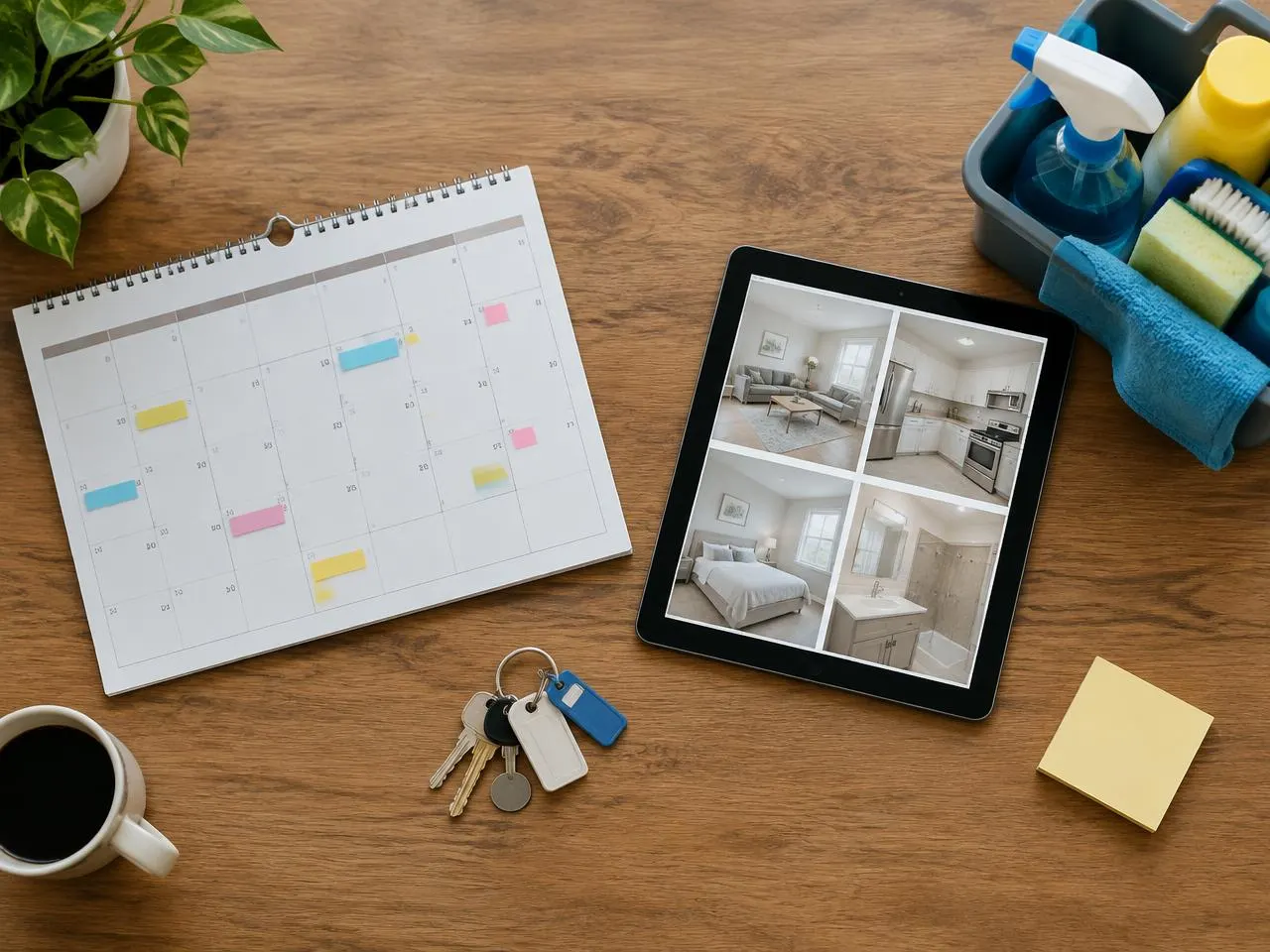 Calendrier, tablette, clés étiquetées et caddie de produits pour planifier les rotations