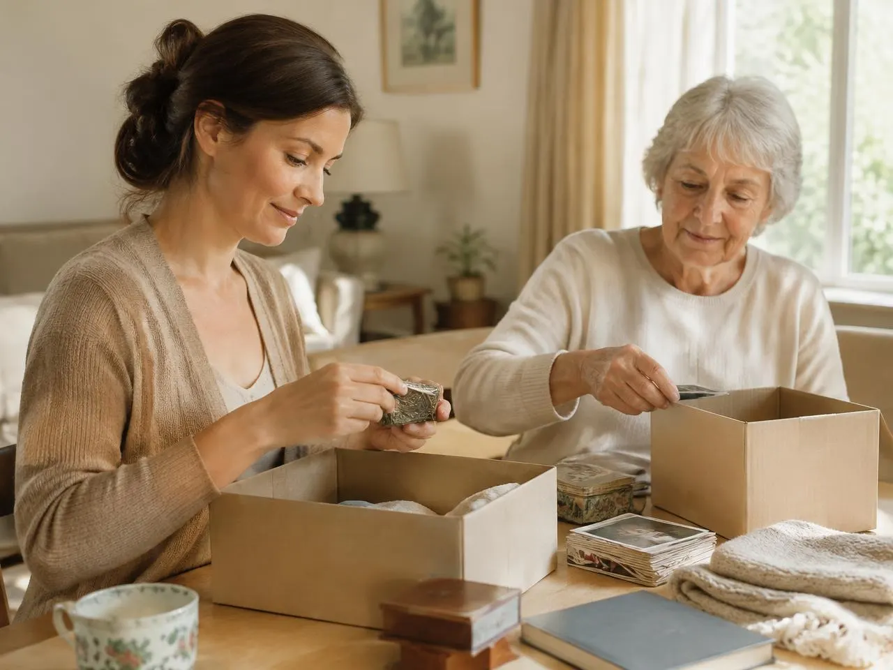 Tri d’objets personnels dans des cartons avec une habitante âgée