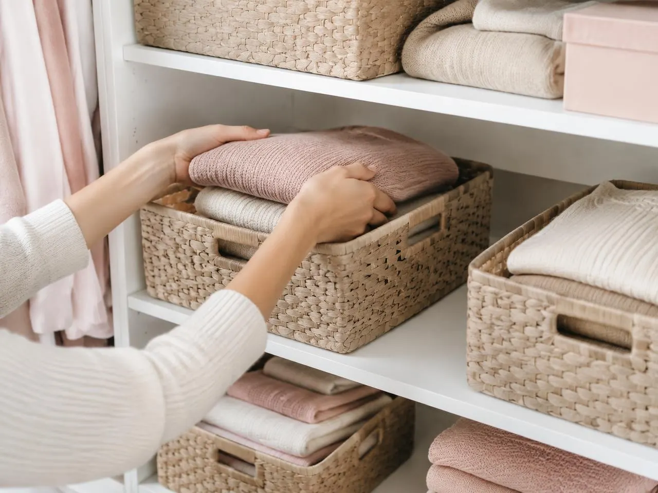 Pulls pliés rangés dans des paniers en osier d’un dressing